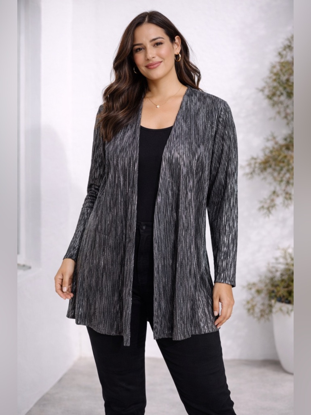 NWT Christopher & Banks‎ Womens Black Metallic Open Front Cardigan XL Glam Chic